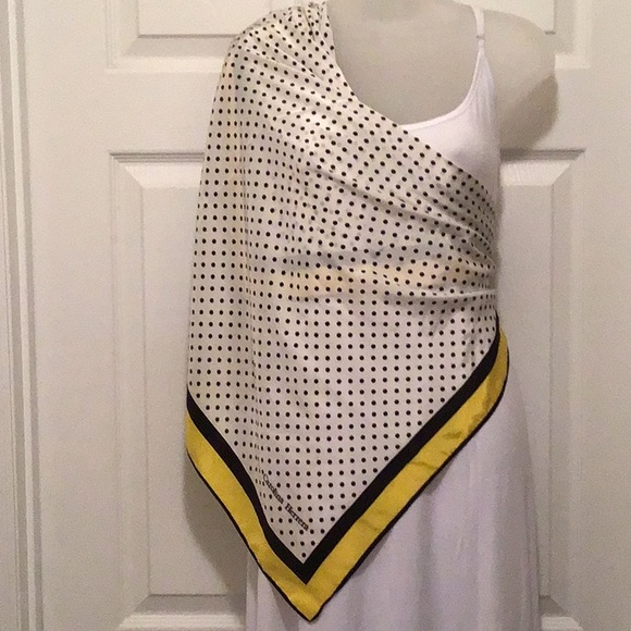 Carolina Herrera Polka Dot on White w/ Yellow Blue border square silk scarf - Picture 2 of 5